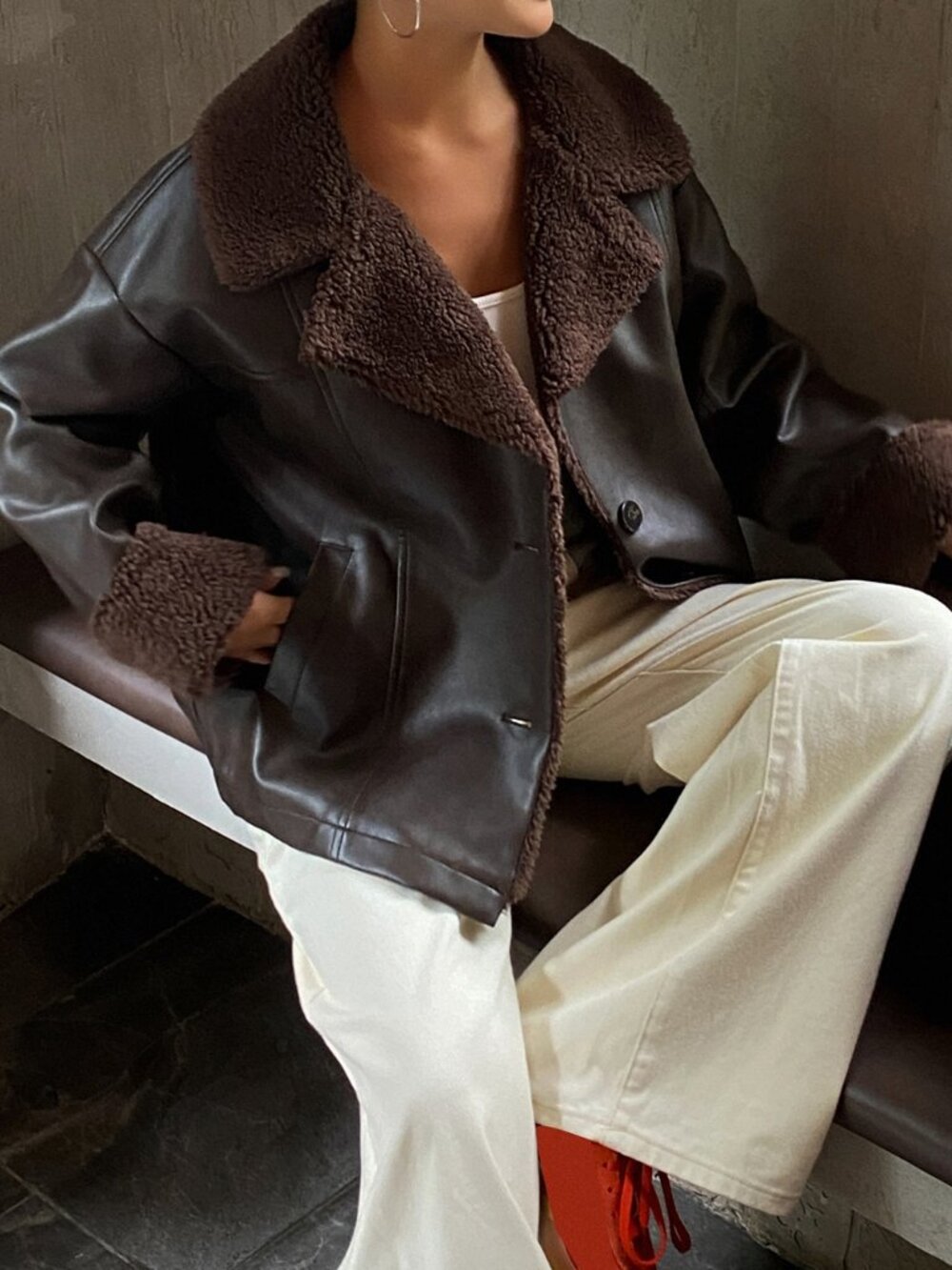Coffee Brown Casual Women's Contrast Faux Fur Button Front Lapel Jacket